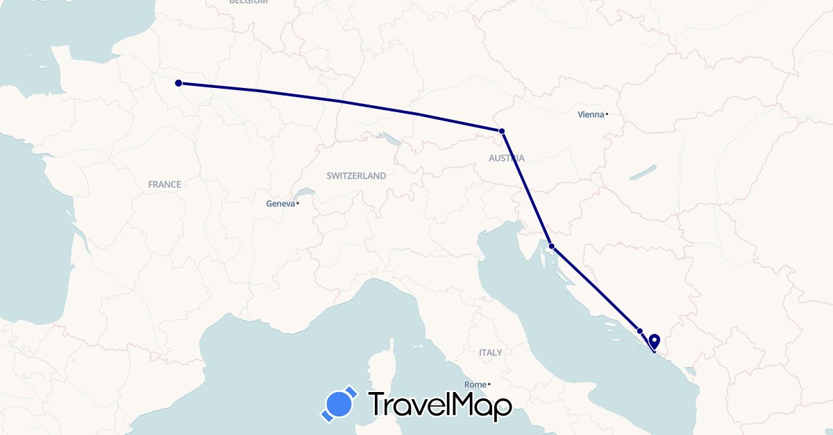 TravelMap itinerary: driving in Austria, Bosnia and Herzegovina, France, Croatia (Europe)